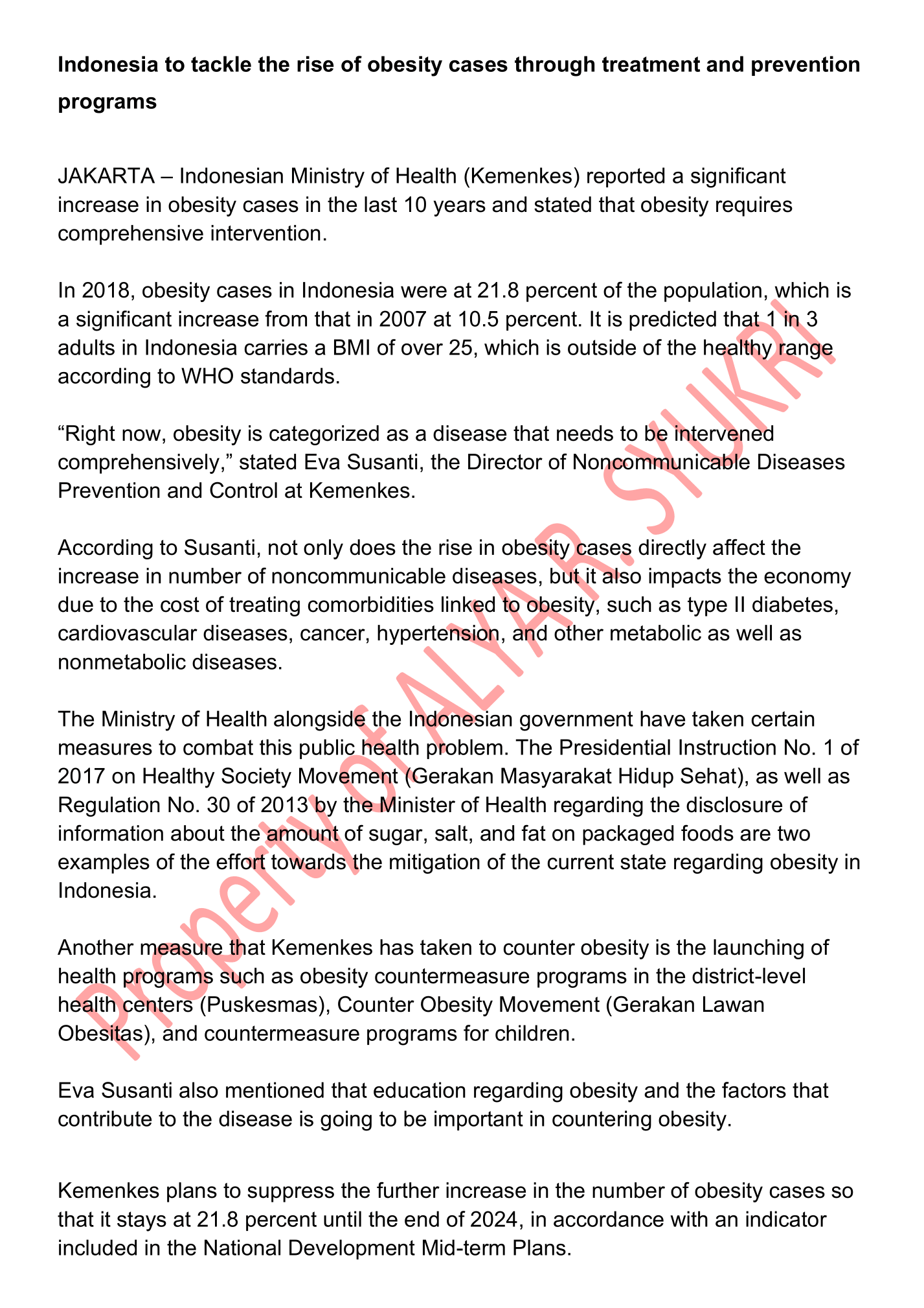 News article: Indonesia to tackle the rise of obesity cases through treatment and prevention programs